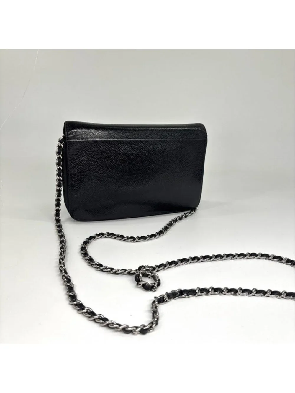 Chanel Super Caviar Leather Chain Wallet Black CC Logo Shoulder